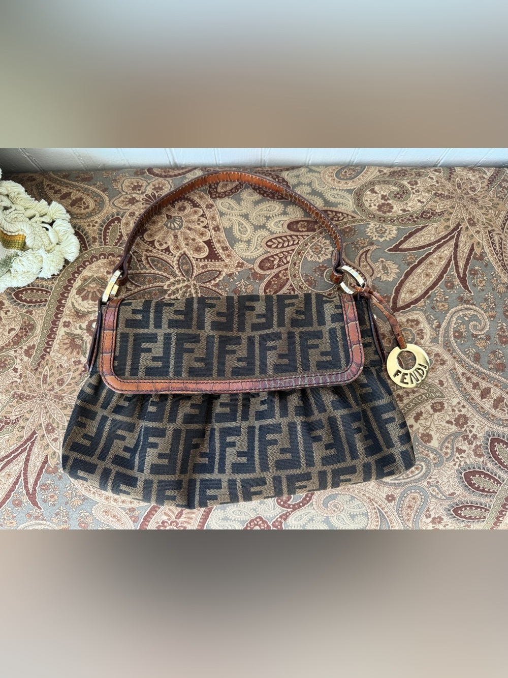 Fendi Brown and Black FF Canvas Shoulder Bag with Leather Trim